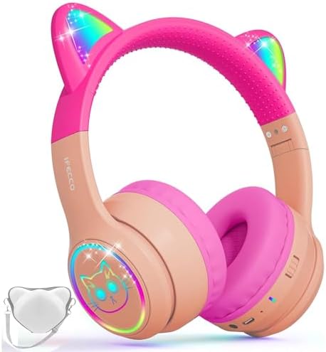 IFECCO Wireless Kids Bluetooth Cat Ear Headphones – Fun Light-Up Design with Volume Limiting Feature, Built-in Microphone, and Foldable Portability for Travel and Learning – Ultimate Gift for Young Music Enthusiasts