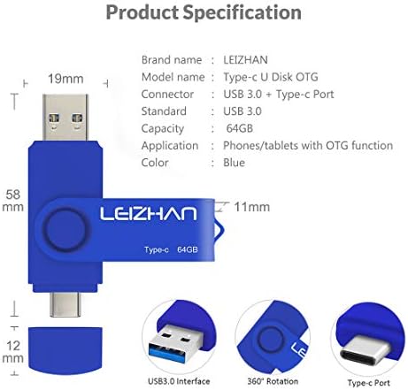 Leizhan 128 GB Type C USB Flash Drive – High-Speed USB 3.0 OTG Thumb Drive for Samsung Galaxy S10, S9, Note 9 & Google Pixel XL – Versatile Dual Connector for Effortless Data Transfer and Enhanced Storage Solutions