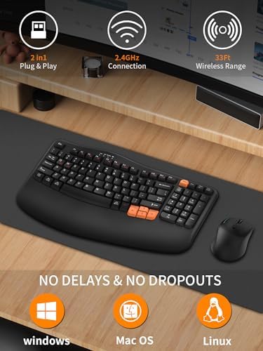 Revolutionize Your Workspace with the Ergonomic Wireless Keyboard – Comfort-Driven Design with Wave Keys & Cushioned Wrist Rest for Effortless Typing, 2.4 GHz Connectivity for Windows & Mac OS, Stylish Black & Orange Finish – Spill-Resistant & Built for Longevity