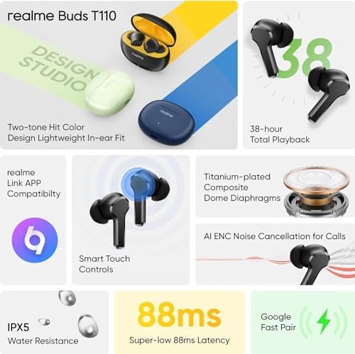 realme T110 AI ENC Noise Cancelling Wireless Earbuds – Ultra-Lightweight In-Ear Headphones with 10 mm Dynamic Bass for Heavy Sound, 38-Hour Playtime & Rapid Wireless Charging, Bluetooth 5.4 for Effortless Connectivity, IPX5 Waterproof for Active Lifestyles in Pop White – Ideal for Music Enthusiasts and Daily Commuters