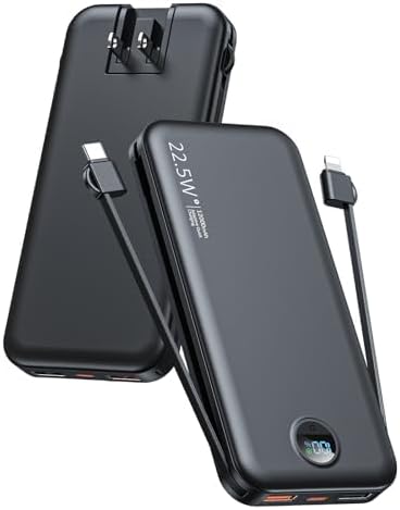 Ultra-Fast Portable Phone Charger with 12000 m Ah Capacity – All-in-One Power Bank with Integrated Cables, Wall Plug, and LED Display for i Phone, i Pad, Samsung – Essential Travel Companion for Uninterrupted Connectivity