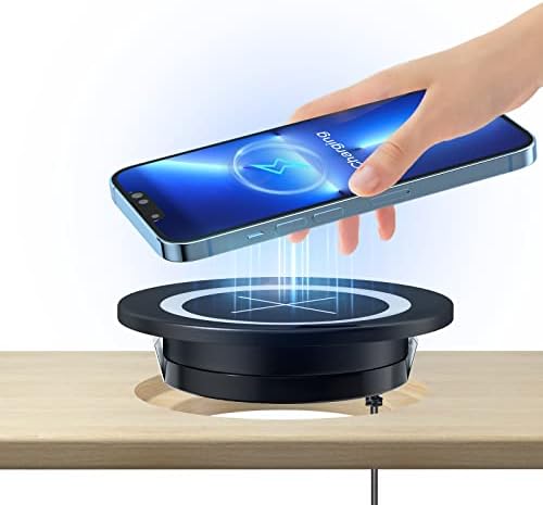 Sleek Wireless Charging Pad for Desk by JE Make IT Simple – Fast Qi-Enabled Charger for i Phone 16/15/14/13/12, Samsung, and Air Pods – Grommet Design for Clutter-Free Workspaces with Overcharge Protection and Elegant Black Finish