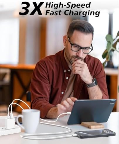 Rapid Dual-Port QC+PD USB C Wall Charger Block with Four 6 FT Cables – Unleash Fast Charging for i Phone 15/16, i Pad Pro, and Samsung Devices – Ideal for Home, Office, and Travel – Universal Compatibility for All Your Power Needs