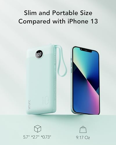 VRURC 10000 m Ah Portable Power Bank with Integrated Cables and LED Battery Indicator – Slim, Lightweight Travel Charger with Dual Input and Five Outputs for Effortless Device Charging – Ideal for Smartphones and Tech Gadgets – Stylish Blue Design (1 Pack) – Ultimate Convenience and Compatibility