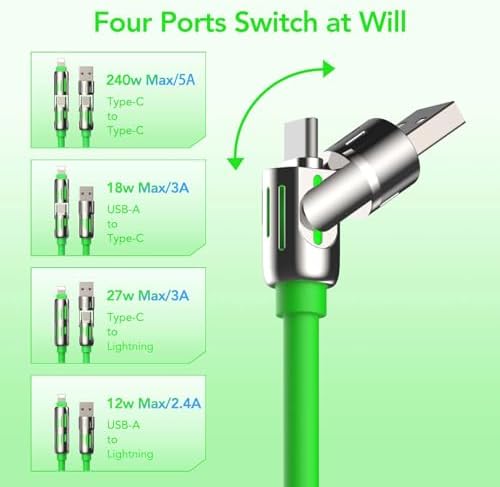 4-in-1 Universal Multi USB Charging Cable – 240W Max Fast Charger Cord with Multiple Connectors for iPhone 16/15/14/13, iPad, Samsung, MacBook, Tablets & More (Black, 6.6Ft) – Enhanced Compatibility and Speed