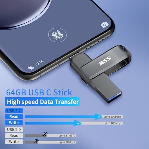 SSK 256 GB Dual USB C Flash Drive – High-Speed USB 3.2 Memory Stick with Dual USB Type-C & USB-A Ports – Sleek Black Metal Design for Effortless File Transfer Across Smartphones, Tablets, Laptops, and TVs – Unmatched Durability & Performance