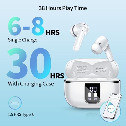 Advanced Bluetooth 5.4 Wireless Earbuds – Superior Deep Bass Audio with Noise-Canceling Mic, 38-Hour Battery Life, IPX7 Waterproof Rating, LED Battery Indicator – Optimized for Android & i OS, Tailored for Fitness Enthusiasts and Everyday Listening