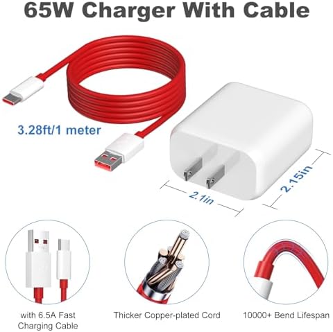 Rapid 65 W Warp Charger for One Plus Devices – High-Speed Wall Power Adapter with 3.3 FT USB A to C Cable for One Plus 13 R, Open Pad 10 Pro, Nord 2 T & More – Compact Design with Enhanced Safety Features for Quick Charging on the Go