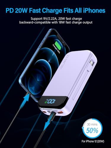 High-Capacity 32000 m Ah Portable Charger with Built-in Cables, Fast Charging Technology (22.5 W QC 3.0 & 20 W PD), Smart LED Display for Multi-Device Power Management – Sleek Blue External Battery Pack for Professionals and Travelers