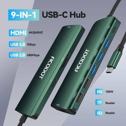Acodot 9-in-1 USB C Hub: Ultimate 4 K HDMI Adapter with 3 USB 3.0 Ports, SD/TF Reader & 100 W Power Delivery – Stylish Purple Multiport Hub for Mac Book, HP, XPS & More – Boost Your Productivity with Seamless Connectivity and Fast Charging