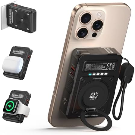 Magnetic 5-in-1 Power Bank with Built-in AC Plug – 10,000 m Ah Mag Safe Battery Pack for i Phone 16/15/14/13/12 Mini, Apple Watch & Air Pods – 22.5 W Fast Wired & 15 W Wireless Charging with 360° Rotating Stand – Effortless Convenience & Advanced Safety Features for On-the-Go Users