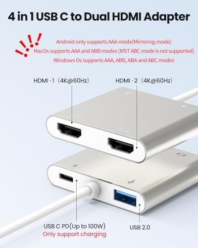 Fophmo Dual HDMI Adapter – 4 K@60 Hz USB C Hub with 100 W Power Delivery & USB-A Port for Enhanced Dual Screen Experience – Perfect for Gamers & Professionals Seeking Stunning Visual Clarity and Seamless Multitasking