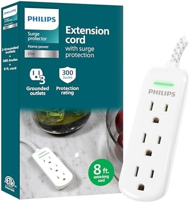Philips 2-Outlet Braided Power Extension Cord with USB-C and 2 Type-A Ports – Space-Saving Flat Plug Power Strip for Efficient Charging and Connectivity – ETL Listed Black Design for Home and Office Use – Ultimate Versatile Power Solution