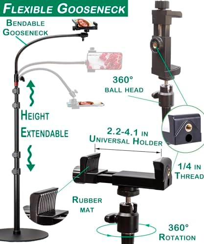 Phone Overhead Stand, Gooseneck Phone Floor Stand, Tall Video Cell Phone Mount with Height Adjustable Stand, Heavy Base, 360 Head, Works with iPhone 16, 16 Pro Max, 16 Plus, 15, 14, 13 – Enhanced Compatibility and Speed