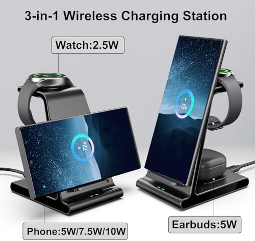 Ultra-Fast 3-in-1 Wireless Charging Dock for Samsung Galaxy Devices – Sleek Space-Saving Charger for Galaxy S25 Ultra, S24, S23, Note 20, Z Flip 6 & Fold 6 – Efficient Power Station for Galaxy Watch Ultra/7/6/5 & Galaxy Buds Pro with Overheat Protection and Modern Design for Home or Office
