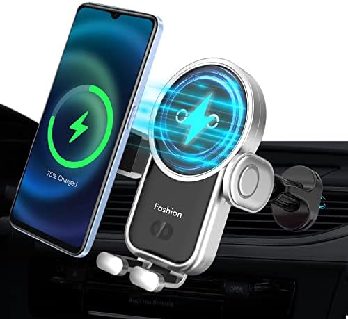 15 W Wireless Car Charger with Auto-Clamping Mount for i Phone & Samsung – Fast Charging Air Vent Holder for Effortless Navigation and Hands-Free Calls – Sleek Silver Design for Ultimate Compatibility and Convenience