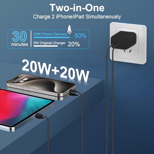 Efficient Power Boost: 20 W Dual Port USB-C Fast Charger with 6 FT USB-C to C Cable – Stylish Pink Wall Charger for i Phone 16/15 Series and Beyond – Perfect for On-the-Go Charging and Versatile Use