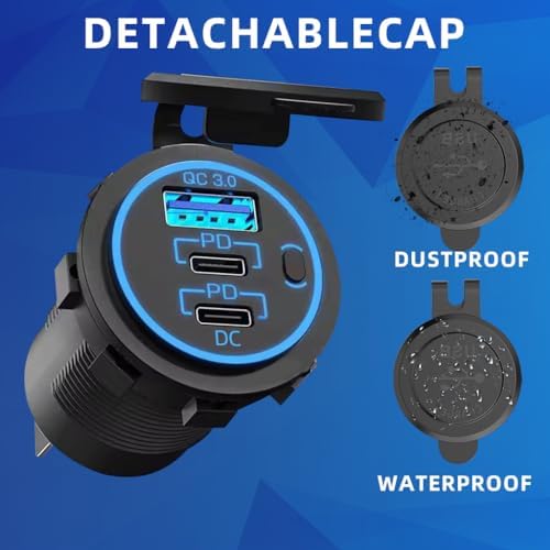 High-Speed 12 V USB Charging Outlet – Dual PD 3.0 & Quick Charge 3.0 Multi-Port Socket for Cars, Boats, Motorcycles & RVs – Waterproof Cigarette Lighter Replacement with Integrated Power Switch for Enhanced Safety and Efficiency