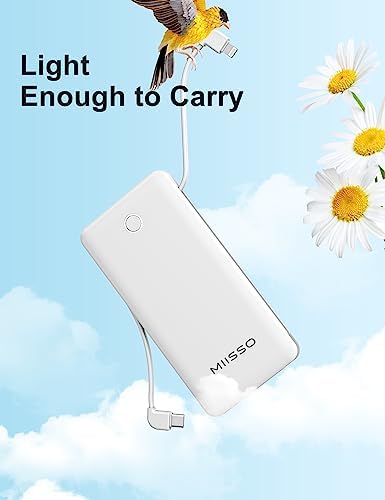 Ultra-Slim 10,000 m Ah Portable Power Bank with Built-In Cables for Effortless Charging, Dual USB-C Ports for Fast Device Compatibility, Lightweight External Charger for i Phone and Android, Pearl White – Your Go-To Travel Companion for Uninterrupted Power