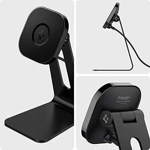 Spigen One Tap Mag Fit Wireless Charger Mount for i Phone 16/15/14/13/12 & Air Pods Pro – Effortless Magnetic Charging Stand with Innovative One Tap Technology, Sophisticated Black Finish, Enhanced Mag Safe Support, and Non-Slip Stability for Seamless Home and Office Charging Solutions