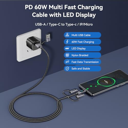 Transform Your Power Management with the 6-in-1 Multi Charger Cable: High-Speed PD 60 W Charging, Real-Time LED Indicator, and Universal Device Compatibility for Smartphones, Tablets, and Laptops – 4 ft Robust USB Cord for Home, Office, and Travel Versatility