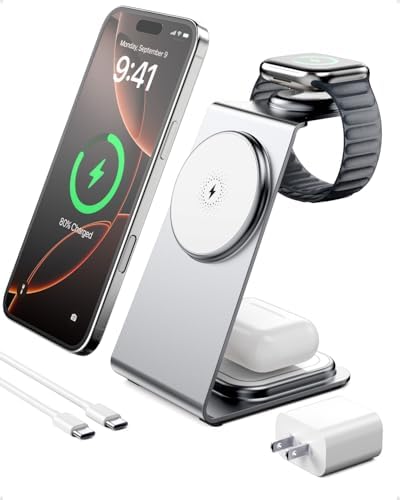 Intoval Premium 3-in-1 Magnetic Wireless Charging Dock for i Phone 16/15/14/13/12 Pro Max, Apple Watch Series 10 Ultra/SE/9/8/7/6, and Air Pods Pro/2/3 – Sleek Silver Design with Fast Charge Technology for Ultimate Convenience and Compatibility