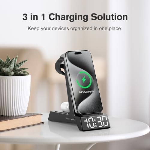 Revolutionary 3-in-1 Wireless Charging Station with LED Alarm Clock – Simultaneous Charging for i Phone 16-11 Pro Max, Apple Watch Series 10-5, and Air Pods Pro 4-2 – Space-Saving Nightstand Dock with Adjustable Brightness, Phone Case Compatibility, and Enhanced Safety Features – Perfect for Home, Office, and Travel