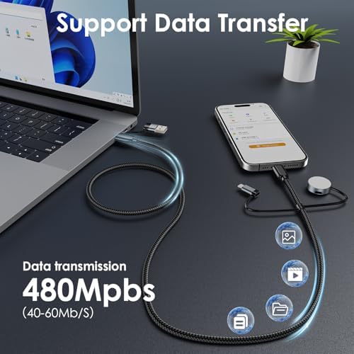 Ultimate 240 W USB-C 4-in-1 Charging Cable for Apple Watch, i Phone, i Pad, Mac Book, and Samsung Devices – High-Speed Travel Charger with Exceptional Compatibility, 5 FT Length for Efficient Multi-Device Charging – Essential Tech Accessory for Fast Power Solutions on the Go