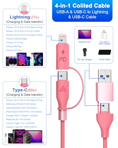 Coiled 4-in-1 USB C to C & Lightning Charging Cable Set – 3 FT Fast Charging Cord for i Phone 15/16, Samsung Devices, Compatible with Apple Car Play & Android Auto – Tangle-Free Design for Ultimate Convenience and Reliability