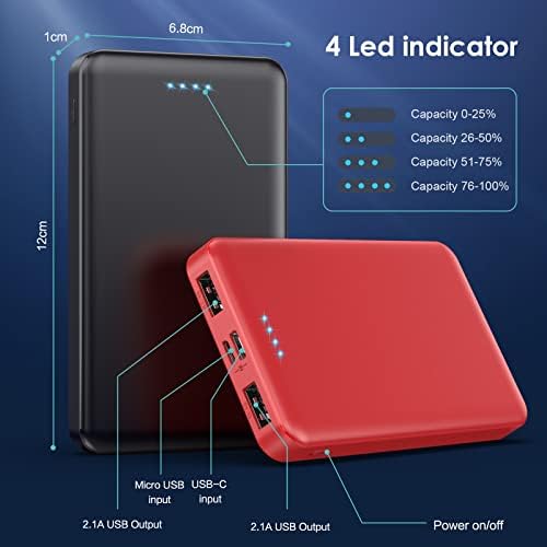 Ultra-Slim 10000 m Ah Portable Power Bank – Dual USB Outputs & USB-C Input, Compact External Charger for i Phone 12/13, Samsung S20, Tablets – Stylish Black and Red Design for Maximum Portability and Enhanced Device Compatibility