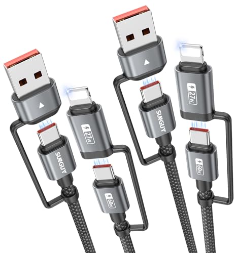 Versatile SUNGUY 4 in 1 Charging Cable – 3 FT Dual Pack with 60 W High-Speed Multi-Device Charging for USB-C, USB-A, and Lightning Compatible Devices Including i Phone 16/15/14 Pro, i Pad, Mac Book, and Samsung Galaxy S25/S24 – Durable, Efficient, and Perfect for Home or On-the-Go Use