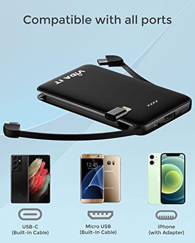 Vida IT 5000 m Ah Compact Portable Power Bank with Built-in USB-C Cable – Fast Charging External Battery for Samsung Galaxy S22, S21, S10, S7 Edge, Motorola, LG, and Google Pixel Smartphones – Ultimate Travel Charger for On-the-Go Connectivity