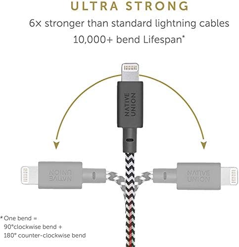 Native Union Night Cable – 10 ft Heavy-Duty USB-C to Lightning Charging Cable with Weighted Knot for i Phone 14 and Earlier – MFi Certified, Fast Charging, Stylish Zebra Design for Ultimate Convenience and Durability