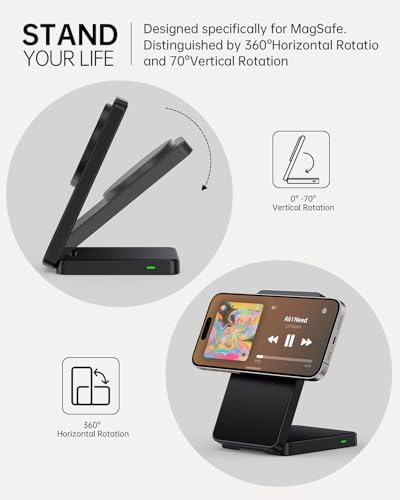 Mag Safe Foldable Wireless Charger Stand for i Phone 12-16 Series – 15 W Fast Charging with Adjustable Viewing Angles, Space-Saving Design, and Enhanced Magnetic Stability – Black – Ultimate Charging Solution for Home and Office Use