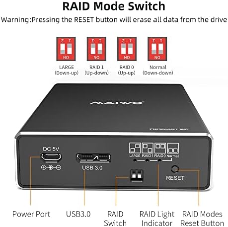 MAIWO Dual Bay RAID Hard Drive Enclosure for 2.5-Inch SATA SSDs and HDDs – USB 3.1 Gen 2 (10 Gbps) with Versatile RAID Modes (0/1/JBOD/PM) – 16 TB External Storage Solution in Durable Aluminum – Optimal Performance for Professionals and Gamers