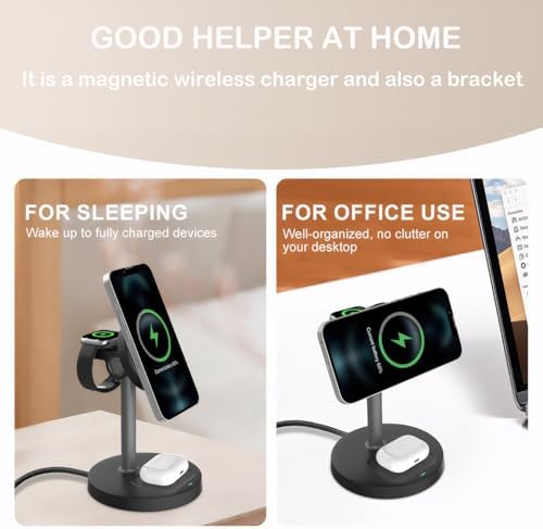 2025 Premium 3-in-1 Wireless Charging Station for i Phone 16/15/14/13/12, Apple Watch 9/Ultra 2, and Air Pods | 20 W Fast Charger with Mag-Safe Alignment, Sleek Black Bedside Dock for Enhanced Device Organization and Efficiency