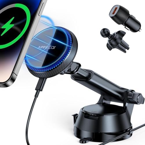 APPS2 15 W Magnetic Wireless Car Charger – Ultimate Dashboard, Windshield & Vent Mount for i Phone 16/15/14/13/12 Series | Fast Charging, Mag Safe Compatible, Adjustable Phone Holder for Enhanced Convenience and Safety on the Road