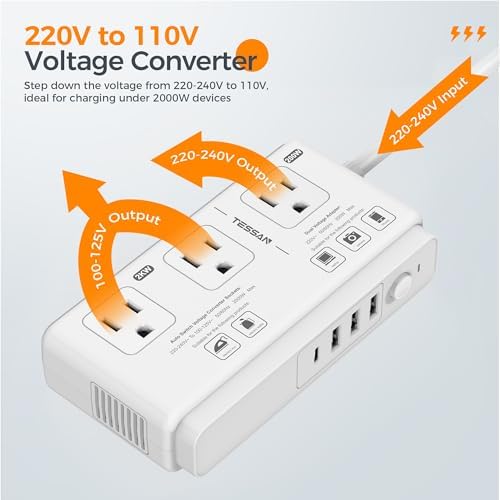 TESSAN 220 V to 110 V Universal Voltage Converter – All-in-One Global Travel Adapter with 4 USB Ports Including Rapid USB-C and 3 AC Outputs for Worldwide Device Compatibility – Compact and Durable Power Transformer for Effortless International Charging