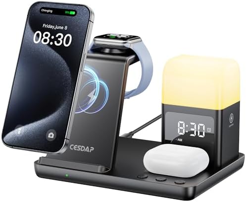 Ultimate 6-in-1 Wireless Charging Station for Apple: Fast Charging Hub with Alarm Clock & Night Light for i Phone 16/15/14/13, Apple Watch, and Air Pods – Perfect Gift for Loved Ones & Elegant Nightstand Solution