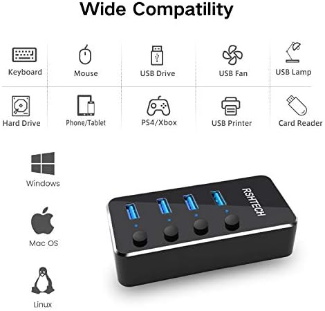 Elevate Your Connectivity with the RSHTECH 4 Port USB C to USB 3.0 Hub Expander – Sleek Aluminum Powered Splitter with 5 V AC Adapter & Individual On/Off Control for High-Speed Data Transfer (RSH-516-C) – Perfect for Professionals & Multitaskers