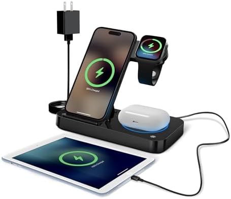 Ultimate 4-in-1 Wireless Charging Station for i Phone, Apple Watch, and Air Pods – Fast Qi-Certified Dock with Foldable Design, Extra USB Port, and Sleek Black Finish for Enhanced Device Organization and Efficiency