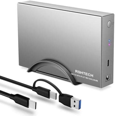 RSHTECH 3.5-Inch Aluminum USB 3.1 Gen 1 HDD Enclosure with Type C to SATA Connectivity – Ultra-Fast External Dock Case for 16 TB Drives, Perfect for SSD and HDD Data Management, Quick Setup & Enhanced Durability