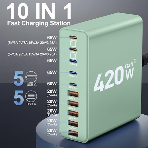 Ultimate 420 W Ga N Multi-Device Charging Hub – 10-Port USB C & A Wall Charger for Mac Book, i Phone, i Pad, Dell XPS, and Samsung Galaxy – Rapid Smart Charging Station with Advanced Safety Features for Efficient Power Management