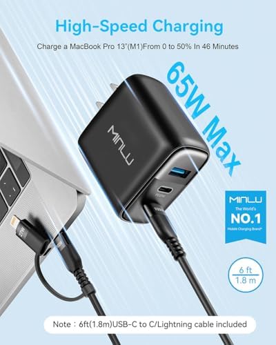 MINLU 65 W Ga N 3-Port USB-C Wall Charger with 100 W 2-in-1 Cable – Rapid Multi-Device Charging for Mac Book Pro/Air, i Phone 16/15, Galaxy S24 Ultra & More – Compact, Travel-Optimized Design for High-Efficiency Power Delivery – Ultimate Charging Solution for Home, Office, and On-the-Go