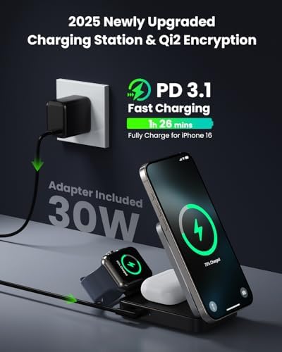 3-in-1 Qi2 Certified Wireless Charging Station – 15 W Fast Magnetic Charger for i Phone 16/15/14/13/12, Apple Watch, Air Pods – Foldable Design with 30 W USB-C Adapter for Ultimate Compatibility and Efficiency – Elevate Your Charging Experience with Enhanced Safety Features and Versatile Viewing Angles
