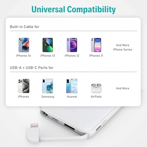 Ultra-Slim 20 W Fast Charging Power Bank with Built-in USB C Cable – 6000 m Ah Lightweight Portable Charger for i Phone 16, 15, Samsung & Android Devices – Essential Travel Battery Pack for On-the-Go Power Needs