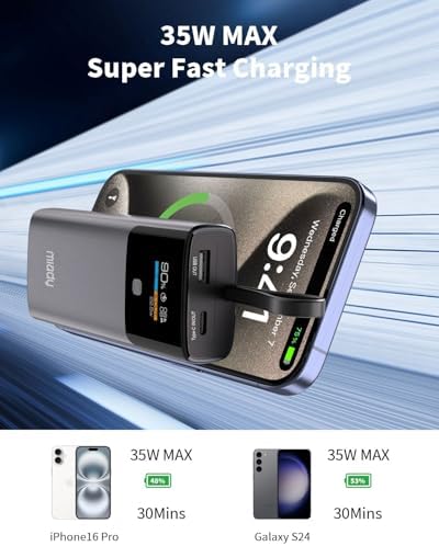 Miady 10000 m Ah PD 35 W Ultra-Fast Charging Power Bank with Smart Digital Display – Compact USB-C Portable Charger for i Phone 15/16, Galaxy S24/S22 – Multi-Device Charging with Built-in Cable and Real-Time Power Monitoring – Ideal for Travel and Outdoor Adventures