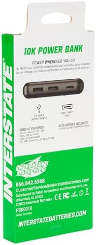 Interstate Batteries 10 K Portable Power Bank – 10,000 m Ah High-Speed Charger for Cell Phones & Electronics, Travel-Ready Dual USB Output, LED Battery Indicator, Compact Emergency Power Solution, Enhanced Compatibility for On-the-Go Charging