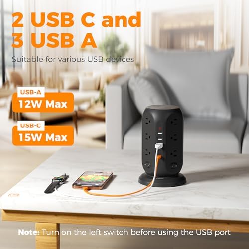TESSAN Tower Power Strip Surge Protector – 12 Outlets with Individual Switches, 5 Fast-Charging USB Ports (2 USB-C), 10 Ft Flat Extension Cord with Discreet Plug Design – Ideal Multi-Device Charging Station for Office and Dorm Use