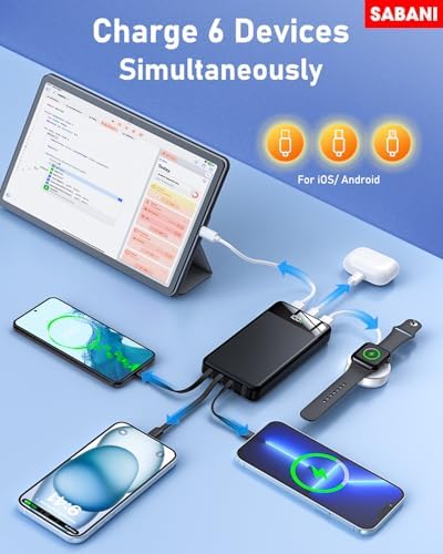 SABANI 35000 m Ah Power Bank – All-in-One Portable Charger with 4 Integrated Cables, 22.5 W Fast Charging for i Phone 16/15/14/13 & Samsung Android Devices – Ultimate On-the-Go Battery Solution in Sleek Black Design for Seamless Connectivity and Reliability